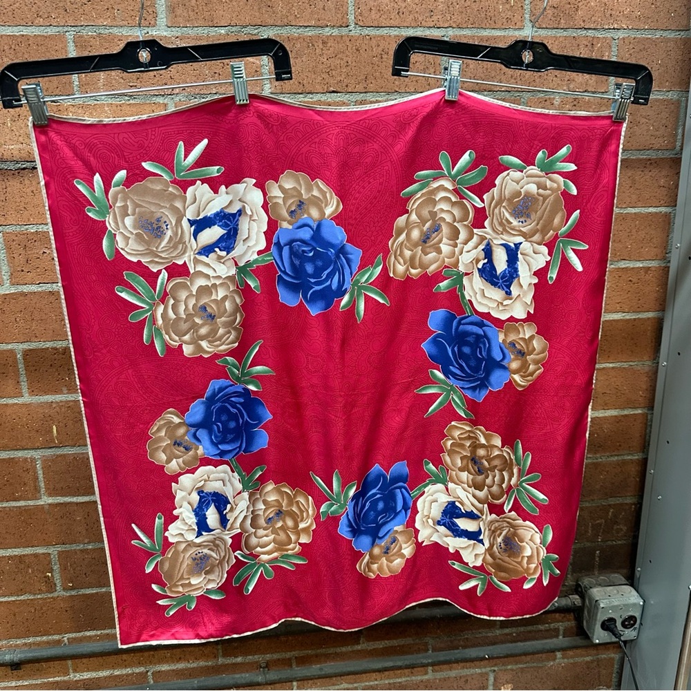 Vibrant Floral Scarf with Blue and Tan Accents